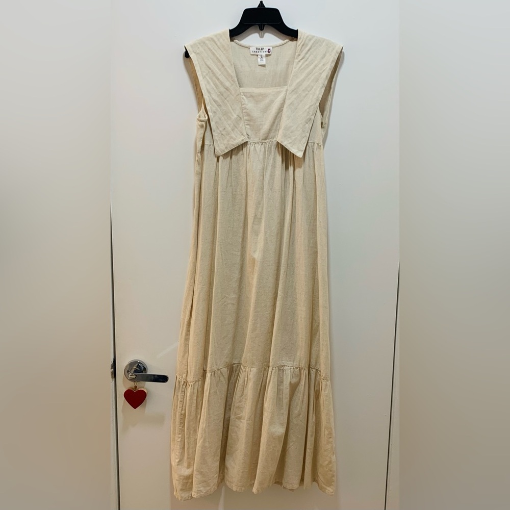 Elegant Collard Cream Maxi Cotton / Linen Dress